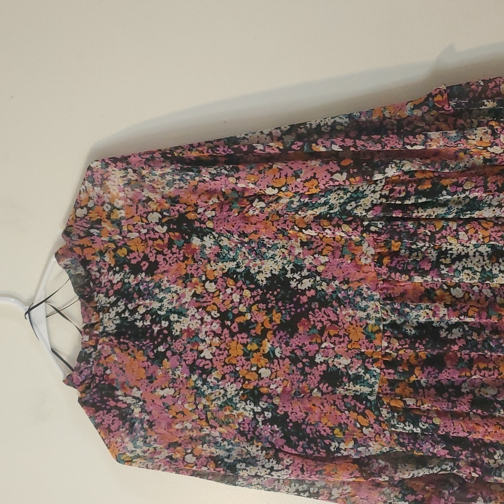 Vince Camuto Floral Babydoll Mini Dress Size Large Sheer Longsleeve Split V-Neck - Picture 11 of 13
